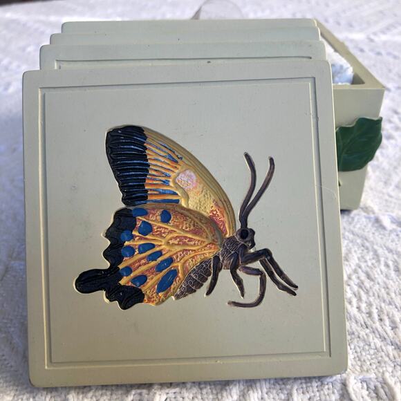 VTG 3D Butterfly Coaster Set w/ Holder 4‑Piece Resin Square New Open Box Cottage - Picture 8 of 16